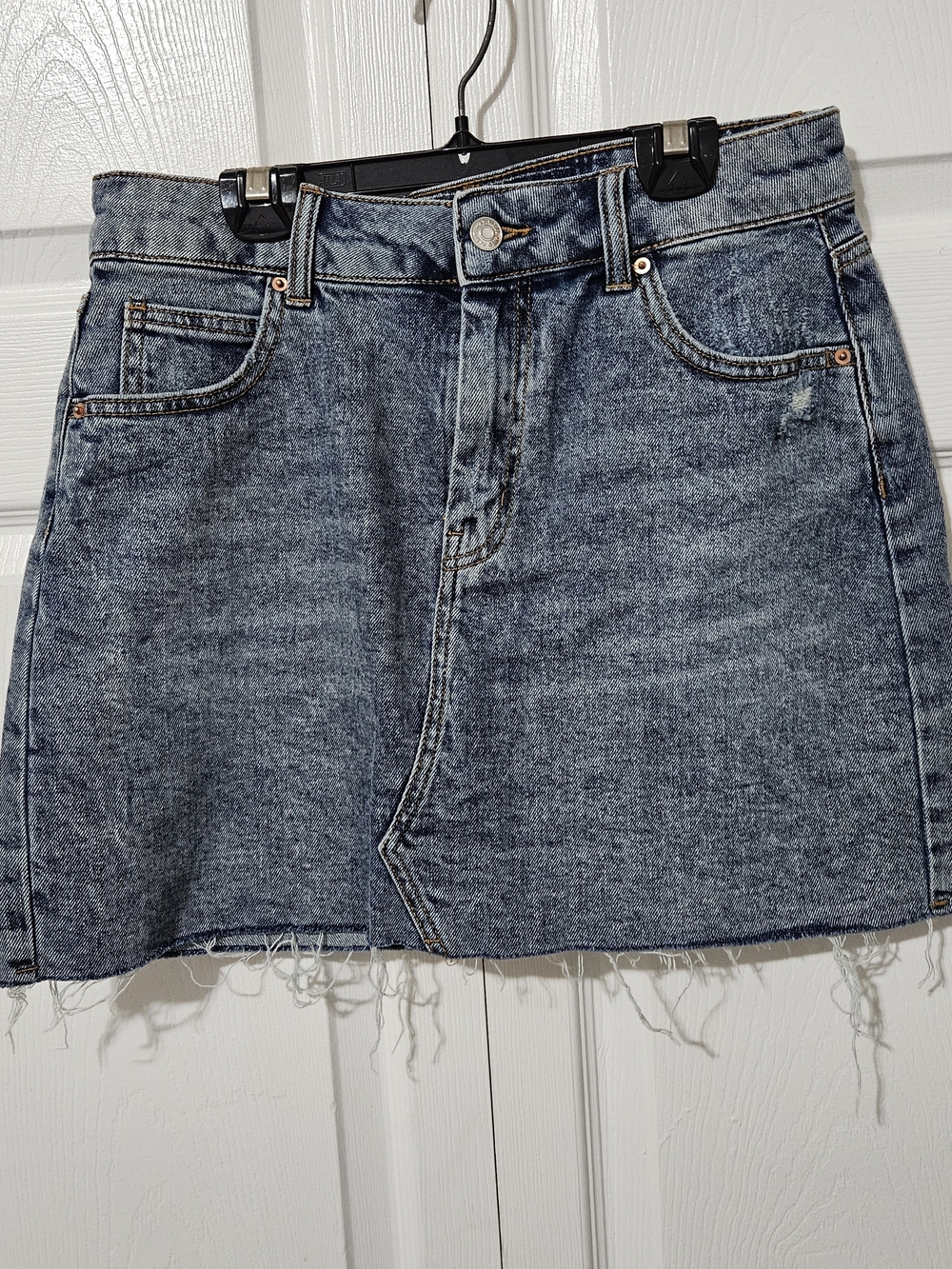 Blue Denim Mini Skirt with Frayed Hem